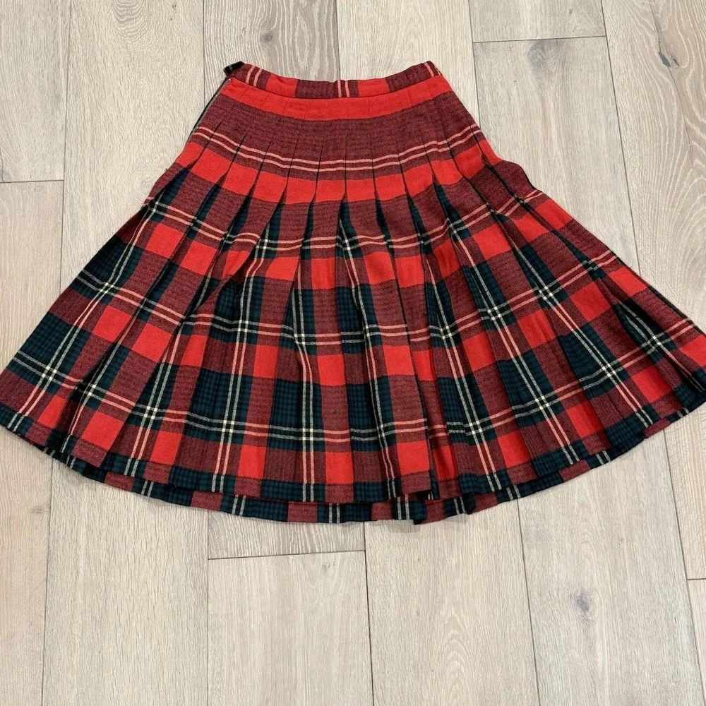 Vintage REVERSIBLE Plaid Wool Skirt Red Green Pleated Schoolgirl *Repair Project